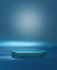 3D turquoise round podium on a blue background. Minimal illuminated scene for product presentation. 3D illustration.