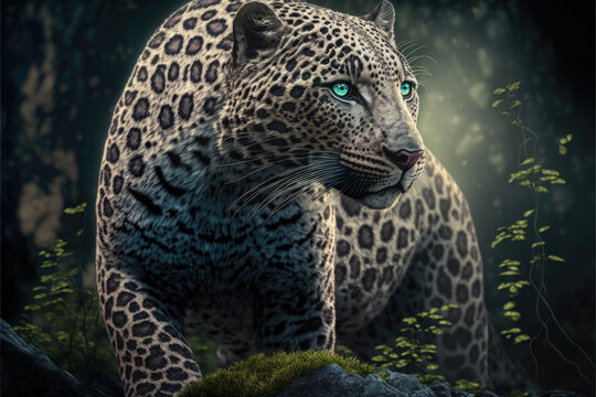 Leopard with bright blue eyes generative AI