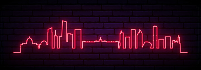 Obraz premium Red neon skyline of Monterrey. Bright Monterrey City long banner. Vector illustration.