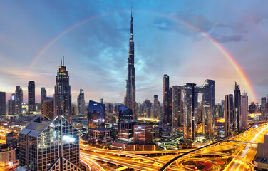 Rainbow over Dubai skyline with Burj Khalifa, United Arab Emirates