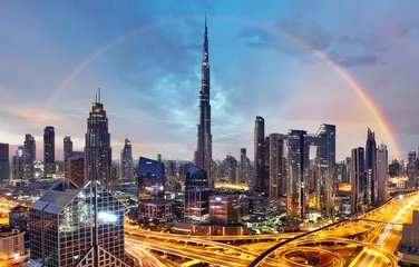 Fototapete Burj Khalifa Rainbow over Dubai skyline with Burj Khalifa, United Arab Emirates