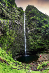 Madeira - Beautiful waterfall in the end of Levada Caldeirao Verde, green rain forest jungle