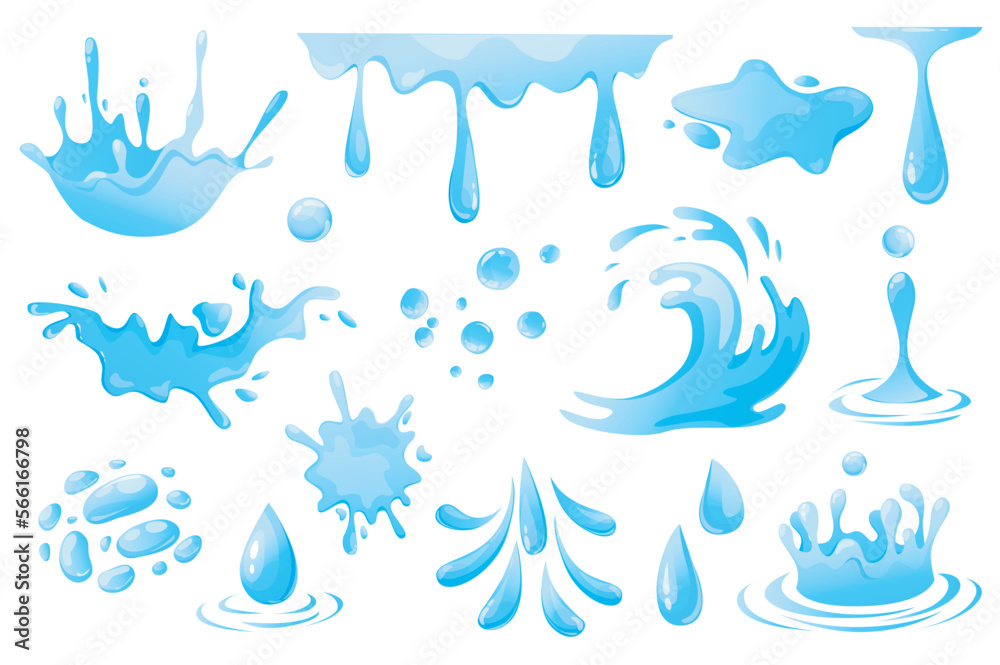 Leinwandbilder water drops and splashes set graphic elements in flat design. bundle of swirl and curl waves, liquid