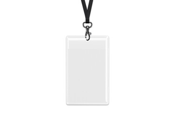 Blank badge with drawstring mockup isolated on white background. Top view, Id card with black lanyard. Blank plastic access card, name tag holder with pin ribbon, corporate card key, 3d rendering.	