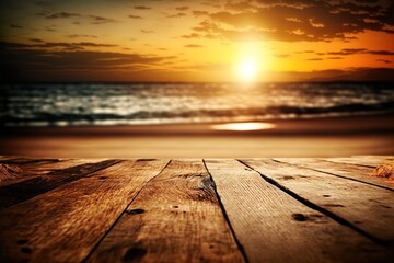 Fototapeta na wymiar wooden floor with blurred sunset beach on the background travel concept design 