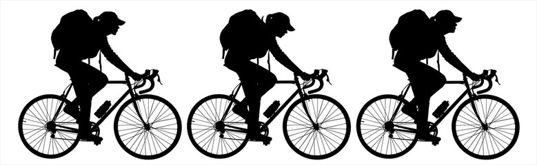 Obraz premium Girl cyclists ride one after another, in one line. A group of cyclists riding bicycles with backpacks on their backs. Tourists. Side view, profile. Three black female silhouettes are isolated on white