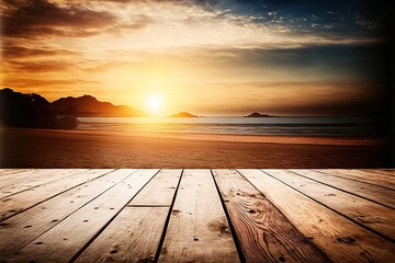 Naklejka na ściany i meble wooden floor with blurred sunset beach on the background travel concept design 