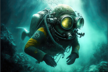 Fototapeta na wymiar Deep sea scuba diver generative ai