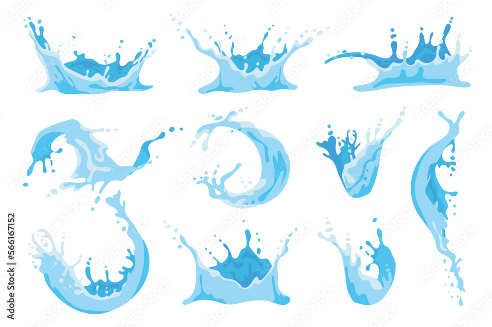Fototapete Water splash set graphic elements in flat design. Bundle of different curl waves of liquid flow, pure splashing swirl aqua motion, crown with spray droplets. Vector illustration isolated objects
