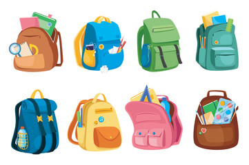 School bags set graphic elements in flat design. Bundle of different schoolbags, backpacks and rucksacks with books, notepads and stationery for pupil or student. Vector illustration isolated objects - obrazy, fototapety, plakaty