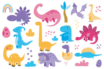 Cute dinosaurs set graphic elements in flat design. Bundle of childish colorful triceratops, brontosaurus, stegosaurus, pterosaur, tyrannosaurus and other dinos. Vector illustration isolated objects © alexdndz