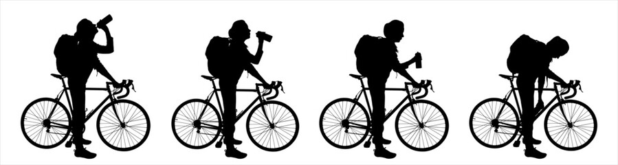 A woman with a bicycle drink from a bottle. The cyclist is thirsty. A girl with a cap on her head, a backpack on her back, with a bicycle in her hands, stopped to drink water from a bottle. Side view.