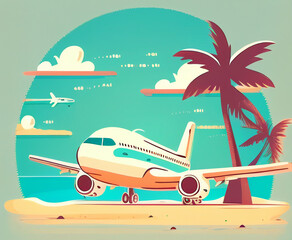 Vacation on tropical island. Plane near tropical beach with palm trees..