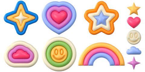Set of groovy colorful stickers. Stars, heart, smile, cloud, rainbow. Inflated elements with plasticine effect. 3d rendering illustration. - obrazy, fototapety, plakaty