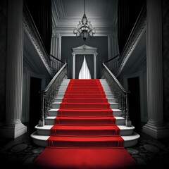 red carpet on the stairs in the building high interior gate door kingdom insolence entrance luxury way walk palace castle award ceremony gray wall chandelier hanging from above