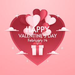 Fototapeta na wymiar Valentine's Day Banner. Happy Valentine's Day greeting card design. Holiday banner with hot air heart balloon. Paper art and digital craft style illustration.