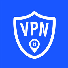 VPN vector icon concept: virtual private network service shield sign in a flat blue color, symbolizing secure and private internet access