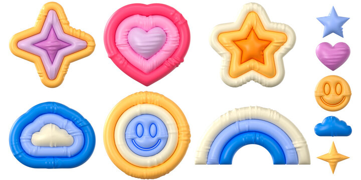 Set of groovy colorful stickers. Stars, heart, smile, cloud, rainbow. Inflated elements with plasticine effect. 3d rendering illustration.