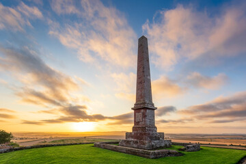 Balfour Monument in front of sky at sunset, East Linton, Scotland