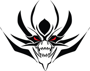 vector design of a symbol or tattoo of a strange creature with fanged teeth and red eyes with horns around its black head