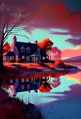 Stunning Pop-Art Deco Scenery depicting a peaceful sunrise landscape and a lake house - generative ai