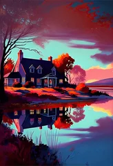 Schilderijen op glas Stunning Pop-Art Deco Scenery depicting a peaceful sunrise landscape and a lake house - generative ai © Infinite Shoreline