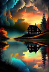 Fototapeta premium Stunning Pop-Art Deco Scenery depicting a peaceful sunrise landscape and a lake house - generative ai