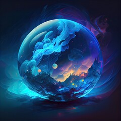 Abstract concept of a neon blue sphere with glow clouds