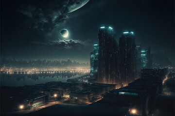 Fototapeta na wymiar An illuminated skyline of a busy urban cityscape, illustration, Ai generative