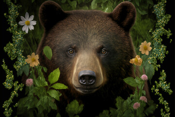 Beautiful bear in spring. Artwork. Illustration. Generative AI