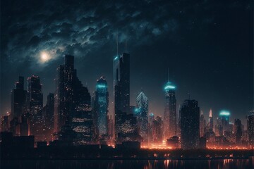 An illuminated skyline of a busy urban cityscape, illustration, Ai generative