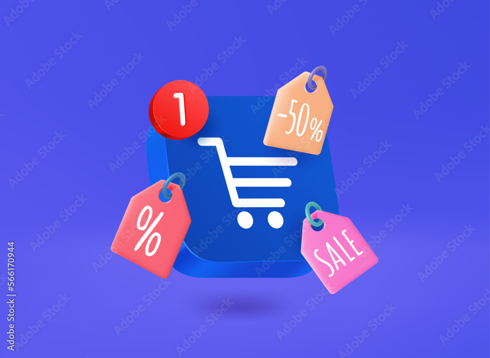 Poster shopping app icon with price tags. 3d vector illustration