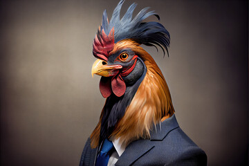 Portrait of a rooster dressed in a business suit in a studio photo. Generative AI. 