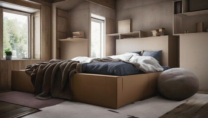 A room in a house, surrounded by moving boxes, captured in the midst of a relocation. Generative AI