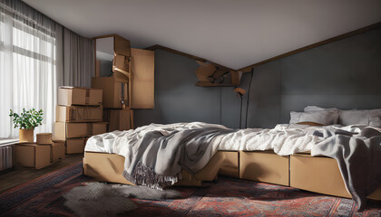 A room in a house, surrounded by moving boxes, captured in the midst of a relocation. Generative AI