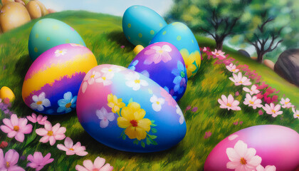 Obraz na płótnie Canvas Vibrant Easter Celebrations captured in stunning still life, featuring colorful eggs and traditional decorations. Generative AI