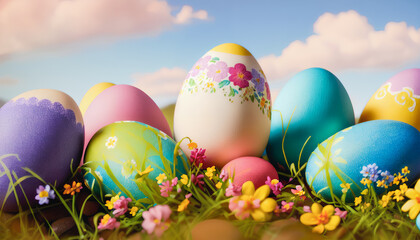 Fototapeta na wymiar Vibrant Easter Celebrations captured in stunning still life, featuring colorful eggs and traditional decorations. Generative AI