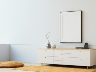 Blank picture frame on white wall. Luxury home interior 

design. Decorative items on the white cabinet - 3D render