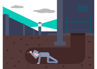 Prisoner escapes from prison through a tunnel PNG illustration with transparent background