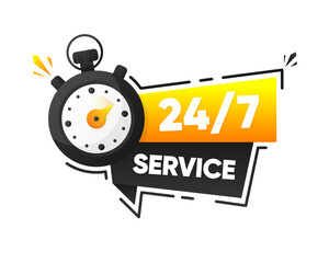 Service 24 to 7. Service banner 24 hours a day and 7 days a week. Help support concept with stopwatch. Modern design. Vector illustration.