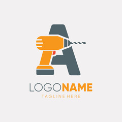 Letter A Hand Drill Machine Logo Design Vector Icon Graphic Emblem Illustration