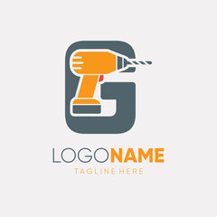 Letter G Hand Drill Machine Logo Design Vector Icon Graphic Emblem Illustration
