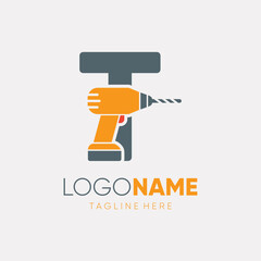 Letter T Hand Drill Machine Logo Design Vector Icon Graphic Emblem Illustration