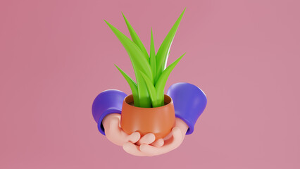 3D Rendering Hands holding plant on pink background.