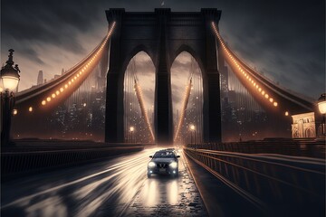 Fototapeta na wymiar Brooklyn Bridge, with the majestic structure illuminated by the lights
