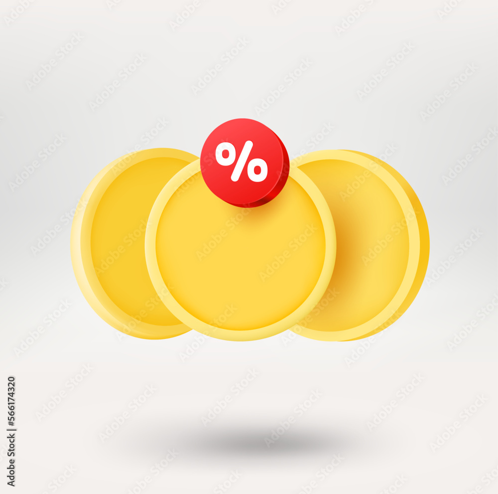 Poster Stack of coins with a discountt label. 3d vector icon isolated on white background