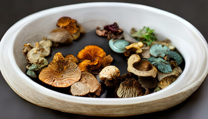 Different fresh wild mushrooms in bowl