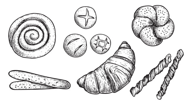 Hand drawn sketch style bakery products set. Cinnamon bun, bun with poppy seeds, croissant and sesame bread sticks. Best for menu and package designs. Vector illustrations.