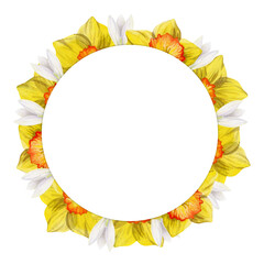 Watercolor hand drawn circle wreath with spring flowers, daffodils, crocus, snowdrops, leaves. Isolated on white background. Design for invitations, wedding, greeting cards, wallpaper, print, textile.