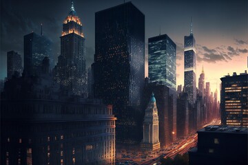 Fototapeta na wymiar A photorealistic impressive view of a cityscape at night featuring tall skyscrapers, illustrations, Ai generative